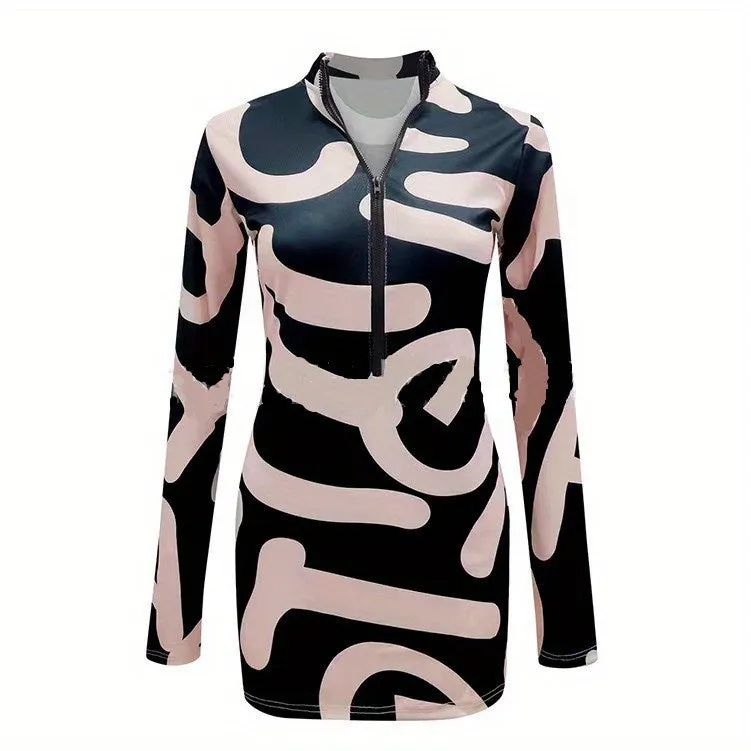 Bold Abstract Zipper Dress - Stylish Casual Long Sleeve Bodycon - Fashion Womens Clothing