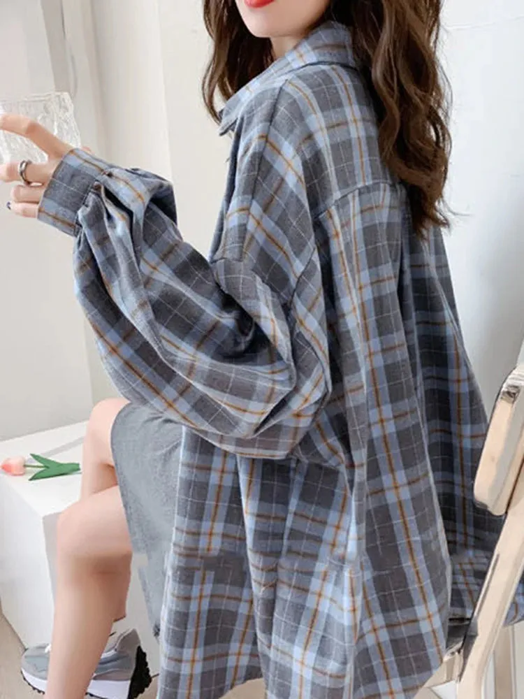 Bonnyshow  Fashion Plaid Women Shirt Fashion Korean Oversize Tops Harajuku Daily All-match Long Sleeve Chic Female Yellow Shirts New