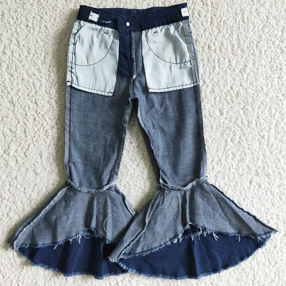 Boutique Baby Girls Jeans Double Ruffle Bell Bottom Pants High Quality Denim P0007