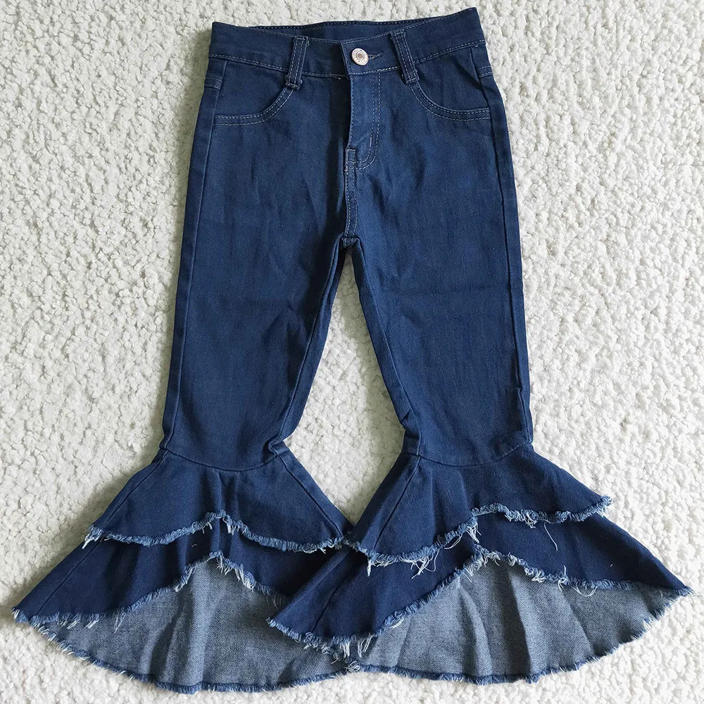 Boutique Baby Girls Jeans Double Ruffle Bell Bottom Pants High Quality Denim P0007