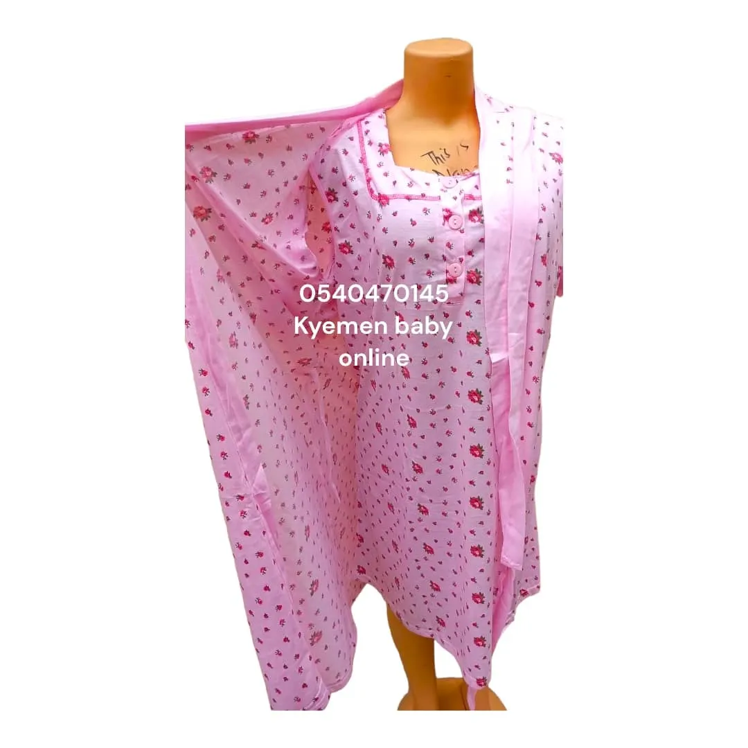 Breastfeeding Night Gown with coat/ Pink with Green Flower(Yimiasha)