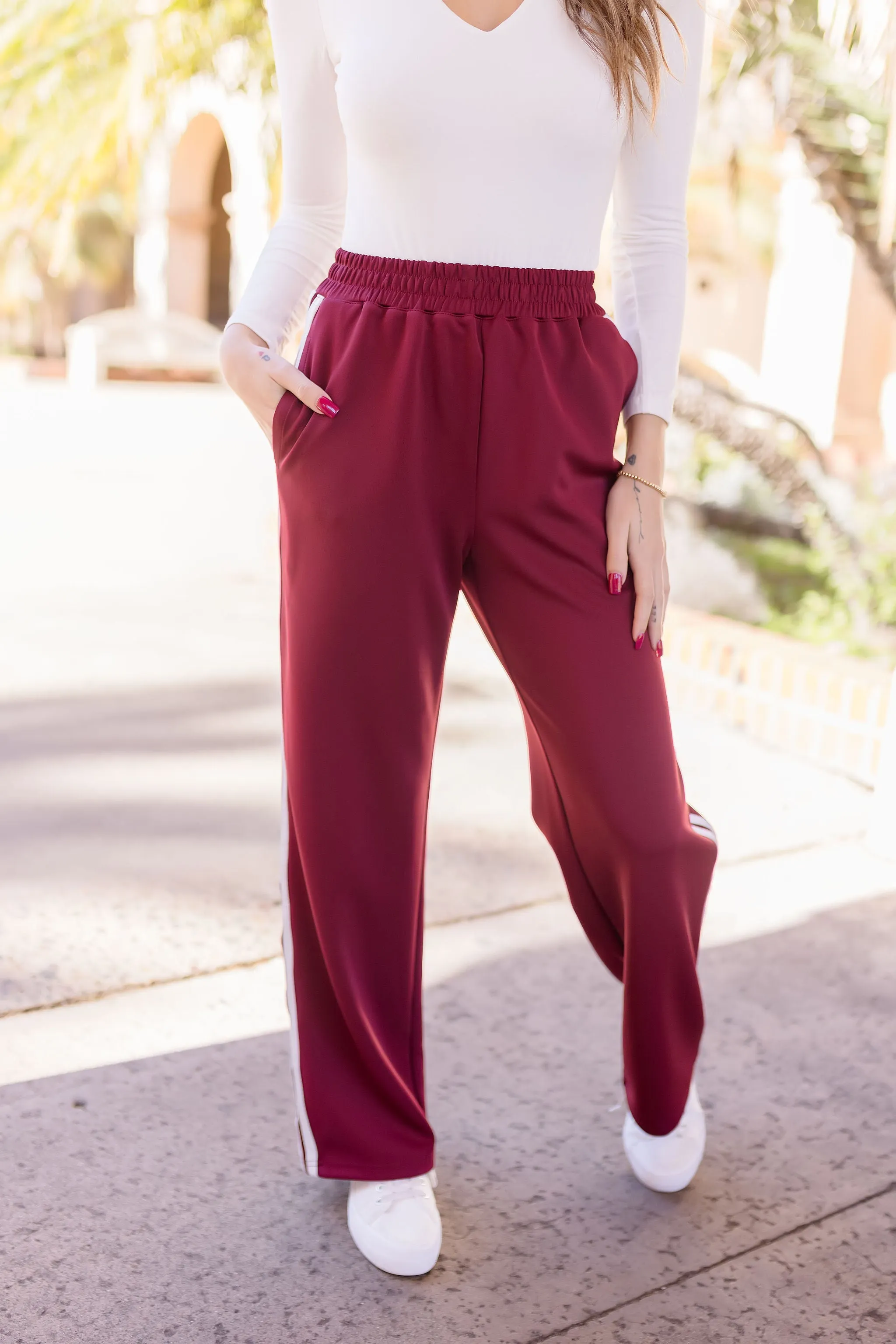 Brixton High Waist Stripe Print Track Pants Burgundy