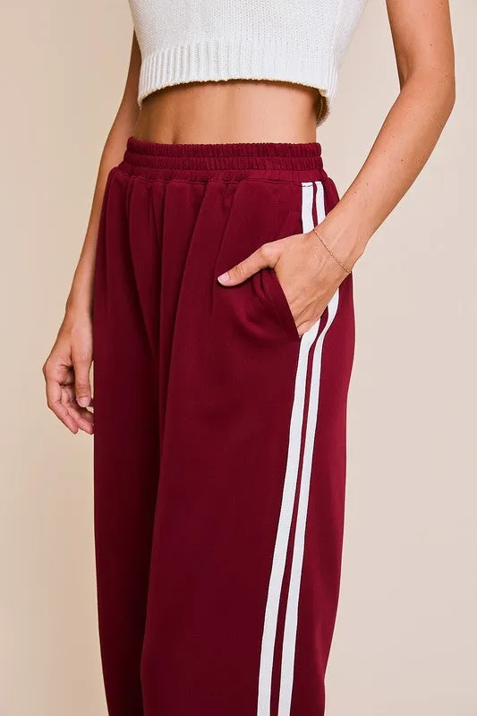 Brixton High Waist Stripe Print Track Pants Burgundy