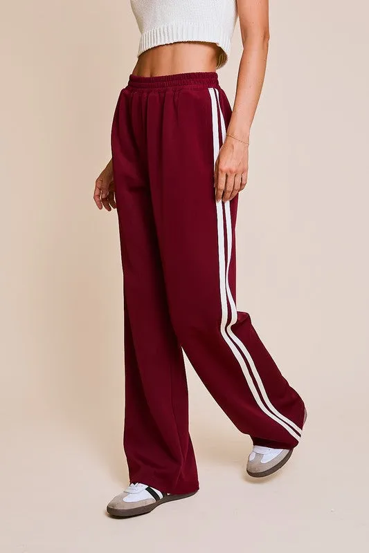 Brixton High Waist Stripe Print Track Pants Burgundy