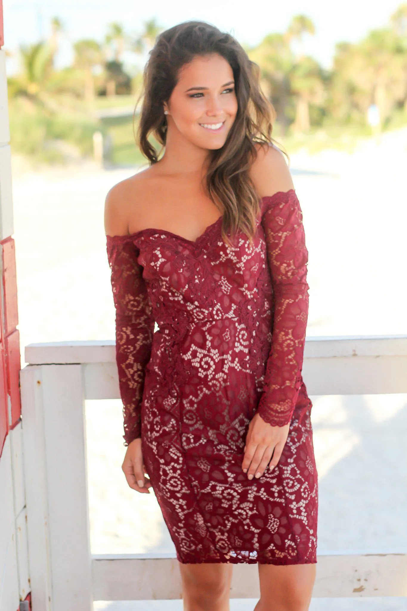 Burgundy Lace Off Shoulder Short Dress with Long Sleeves