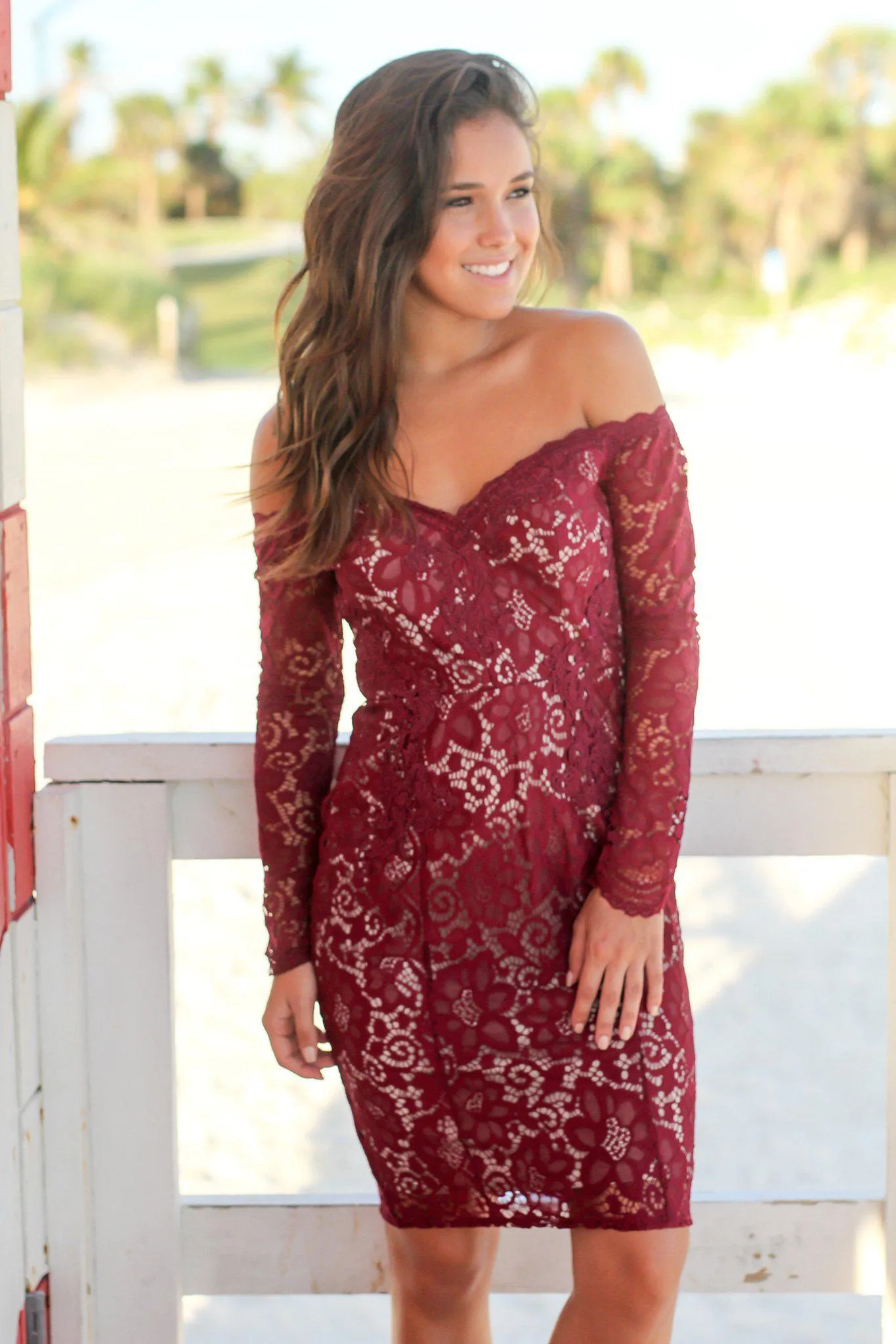 Burgundy Lace Off Shoulder Short Dress with Long Sleeves