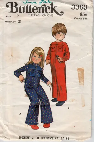 Butterick 3363 Toddlers Jumpsuit Boys Girls Vintage 1970's Sewing Pattern