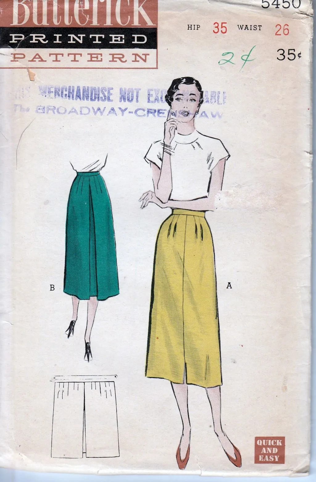 Butterick 5450 Ladies Slim Skirt Vintage Sewing Pattern 1950's