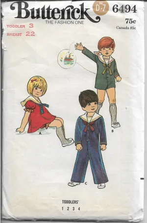 Butterick 6494 Toddler Boy Girl Dress Sailor Jumpsuit Vintage 1960's Sewing Pattern