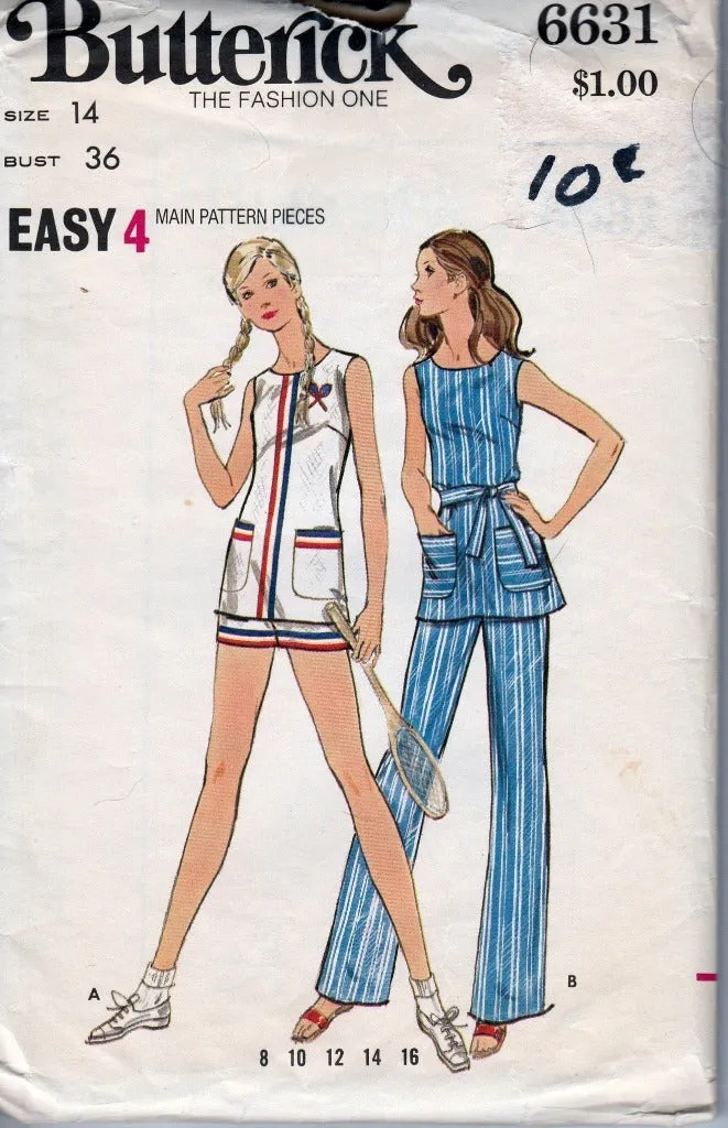 Butterick 6631 Ladies Tennis Outfit Tunic Shorts Pants Vintage Pattern 1970's