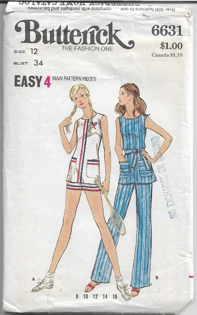 Butterick 6631 Ladies Tennis Outfit Tunic Shorts Pants Vintage Sewing Pattern 1970s