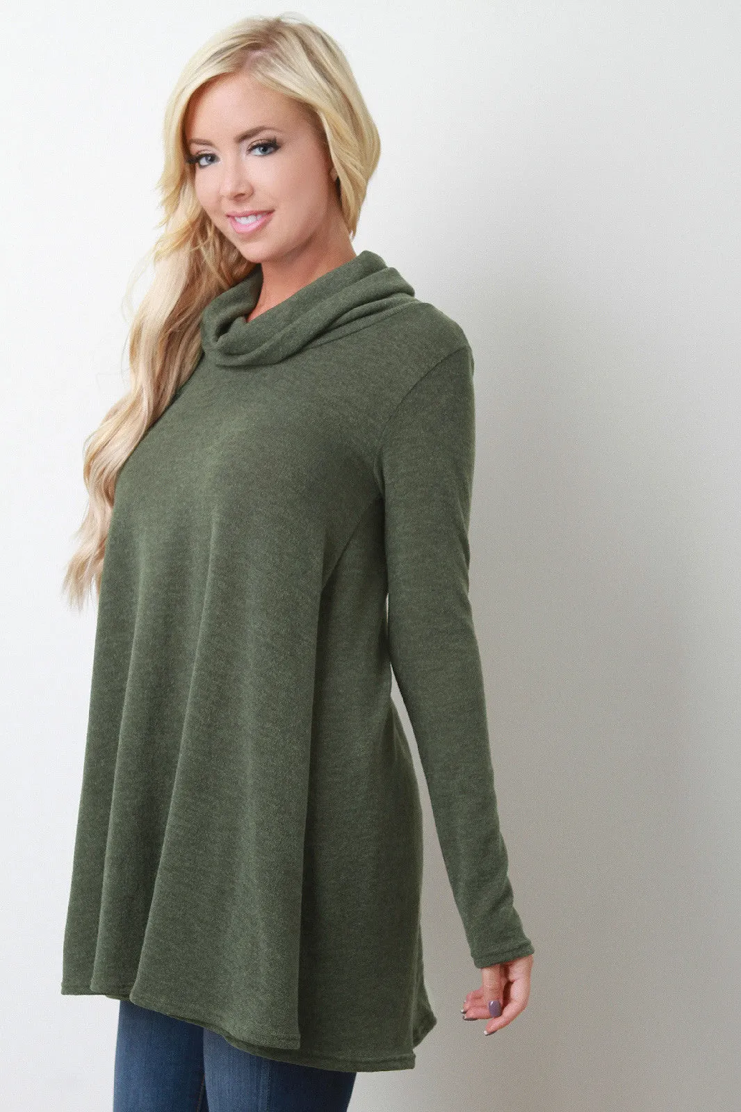 Button Back Cowl Neck Long Sleeves Tunic Top