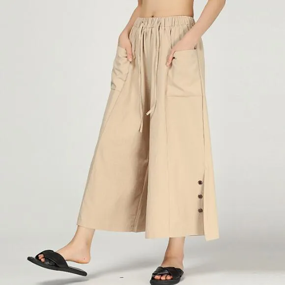 Buttons Wide Legs Pants Black Summer Women Casual Linen Harem Pants HD971310