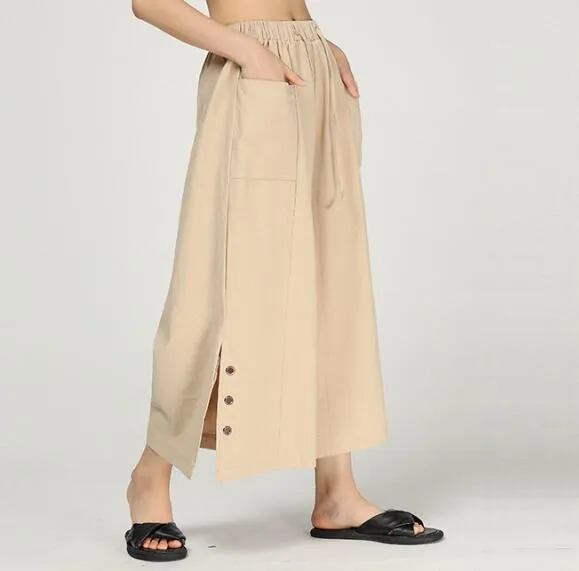 Buttons Wide Legs Pants Black Summer Women Casual Linen Harem Pants HD971310