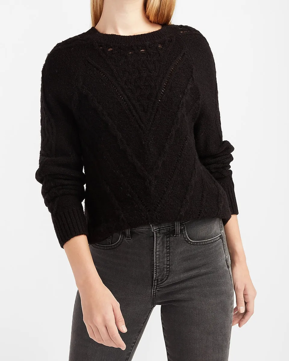 Cable Knit Open Stitch Crew Neck Sweater in Pitch Black