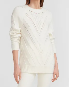 Cable Knit Open Stitch Crew Neck Sweater in Swan