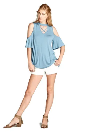 Caged Cold Shoulder Bell Sleeve Top, Denim