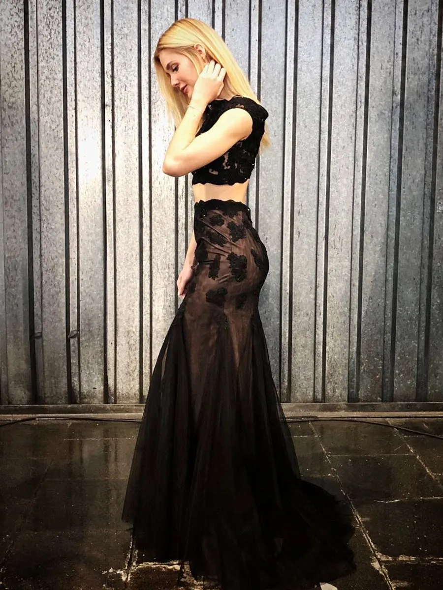 Cap Sleeves 2 Pieces Mermaid Black Lace Long Prom, Two Pieces Black Lace Formal, Black Lace Evening