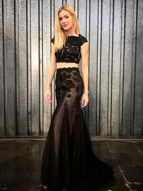 Cap Sleeves 2 Pieces Mermaid Black Lace Long Prom, Two Pieces Black Lace Formal, Black Lace Evening