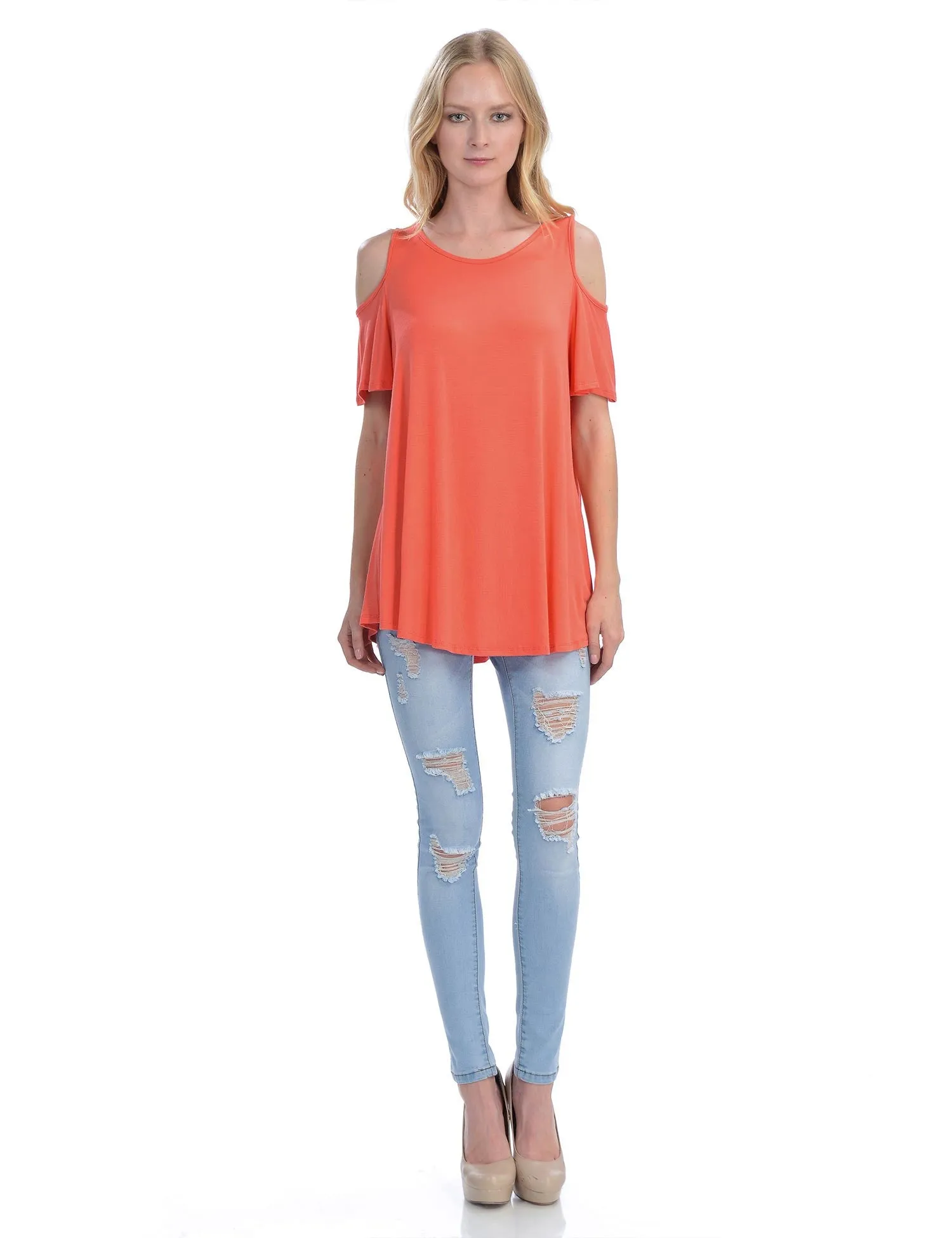 Cold Shoulder Short Ruffle Sleeve Tunic Top