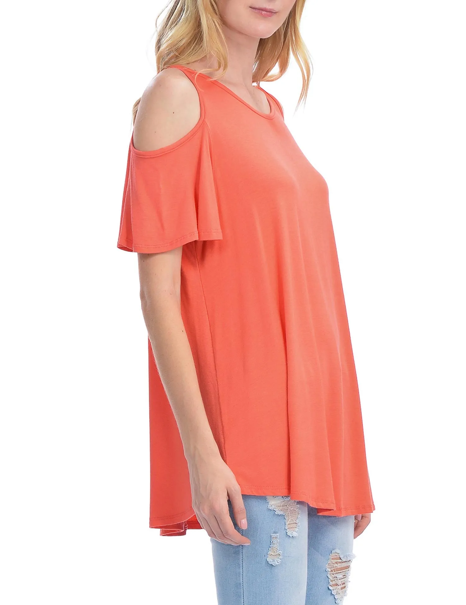 Cold Shoulder Short Ruffle Sleeve Tunic Top