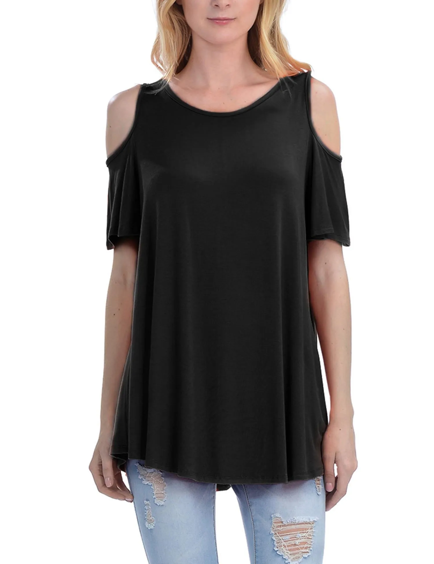 Cold Shoulder Short Ruffle Sleeve Tunic Top