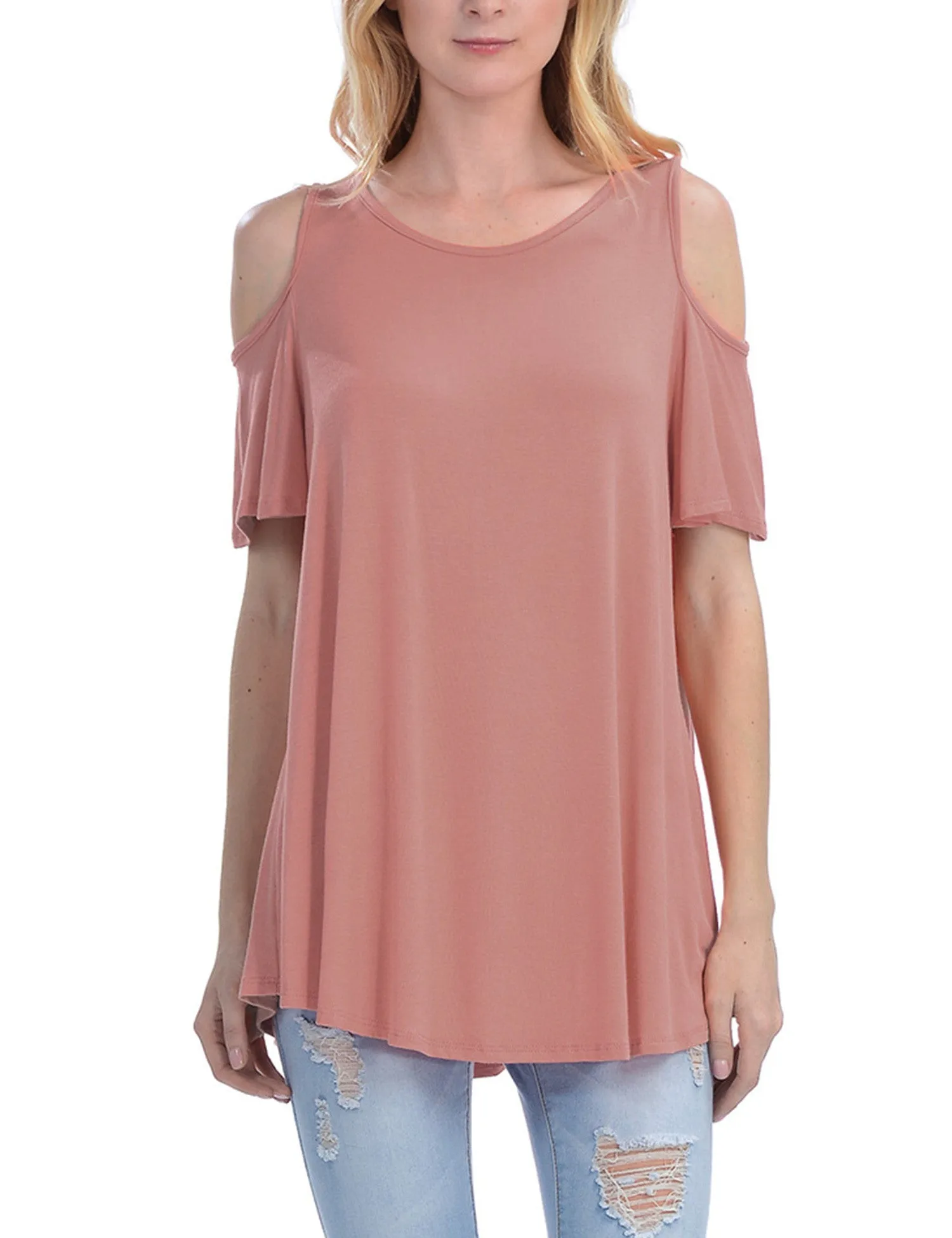 Cold Shoulder Short Ruffle Sleeve Tunic Top