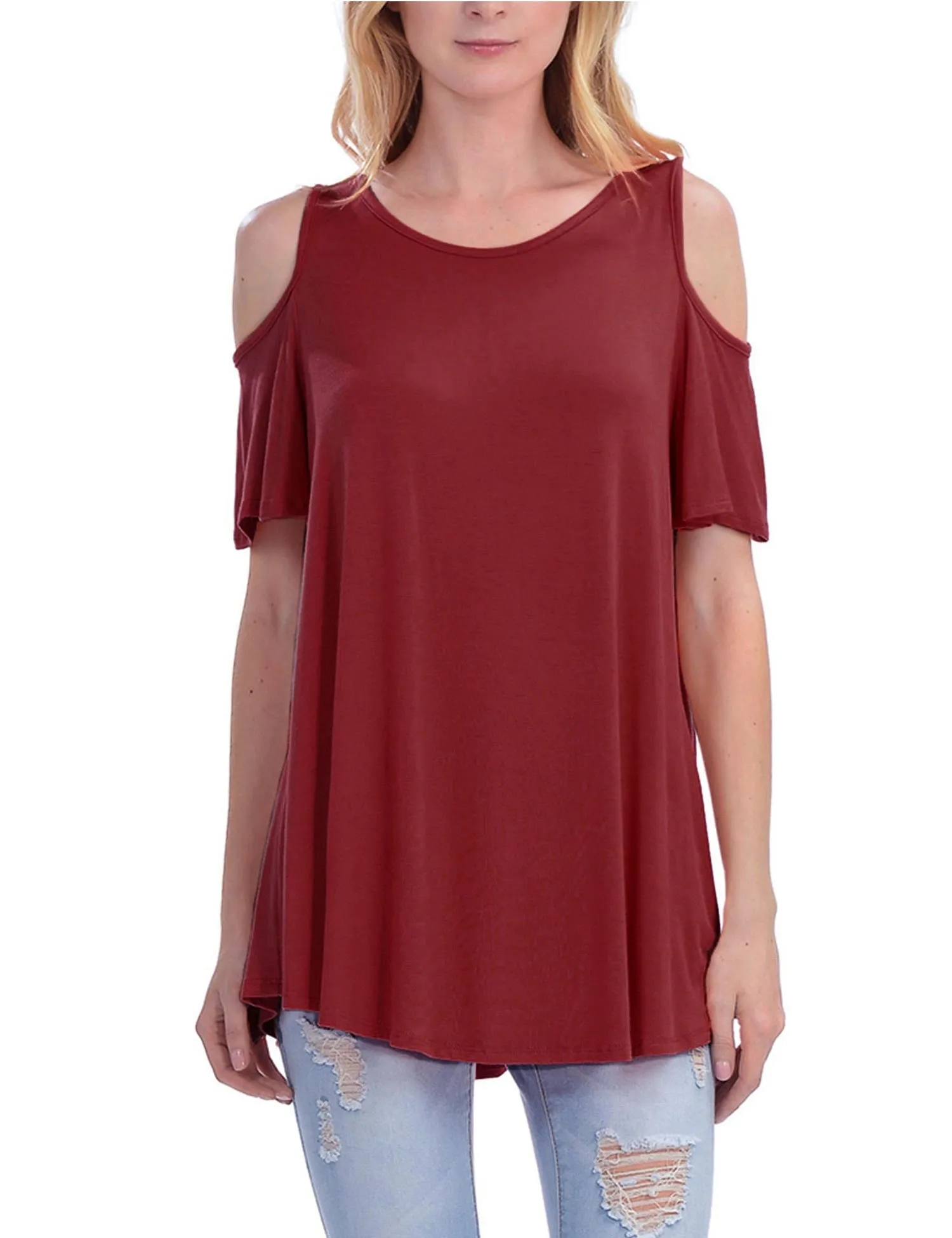 Cold Shoulder Short Ruffle Sleeve Tunic Top