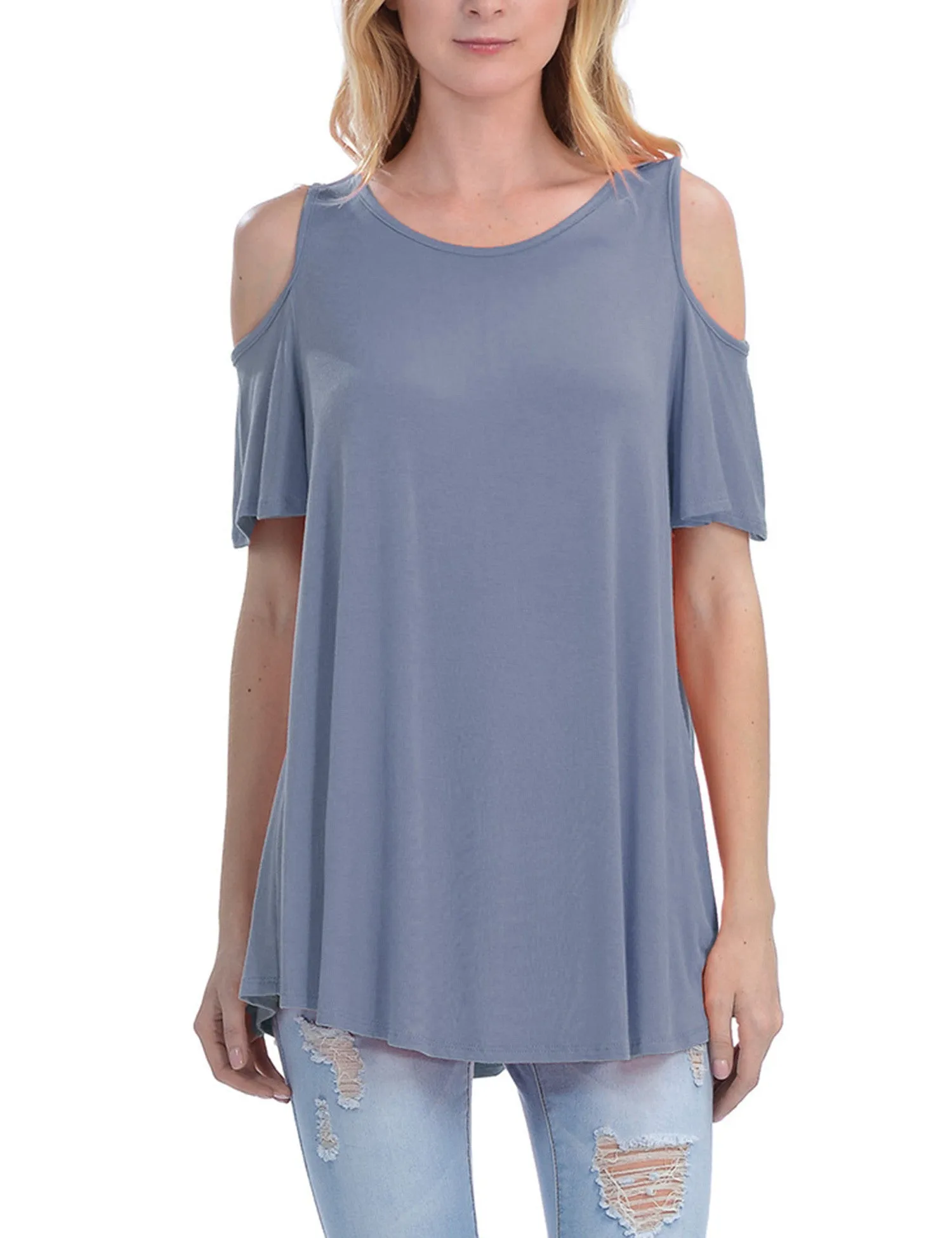 Cold Shoulder Short Ruffle Sleeve Tunic Top