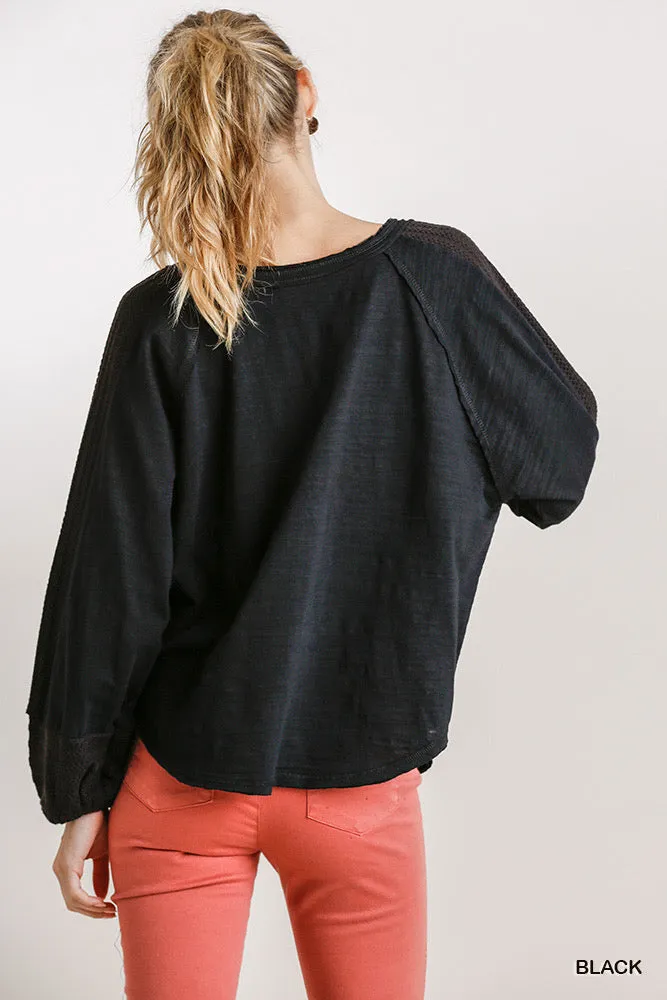 Contrast Knit Puff Sleeve Top, Black