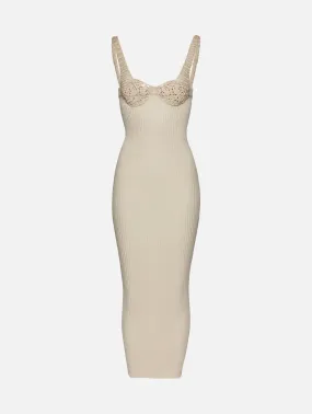 Crochet Bra Ribbed Knit Dress in Cream