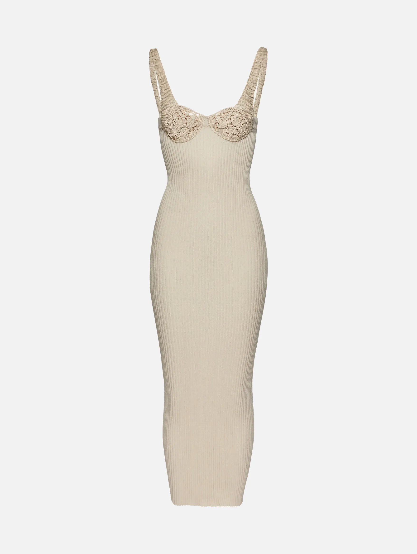 Crochet Bra Ribbed Knit Dress in Cream