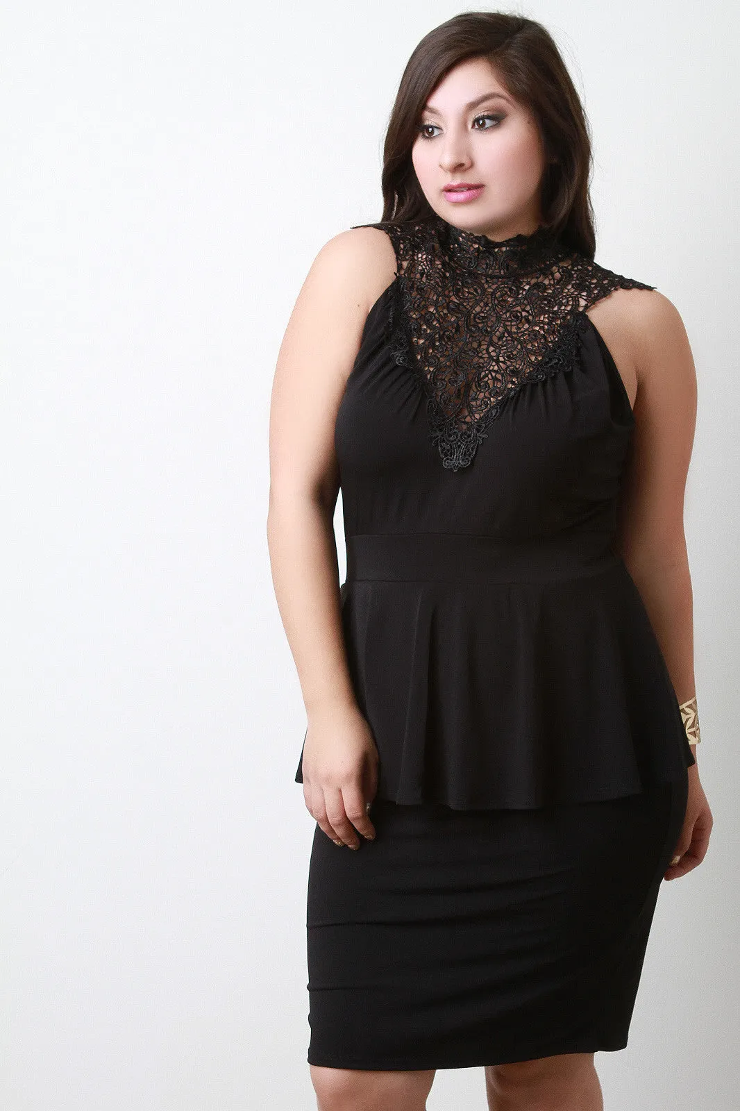 Crochet Neckline Knit Peplum Dress