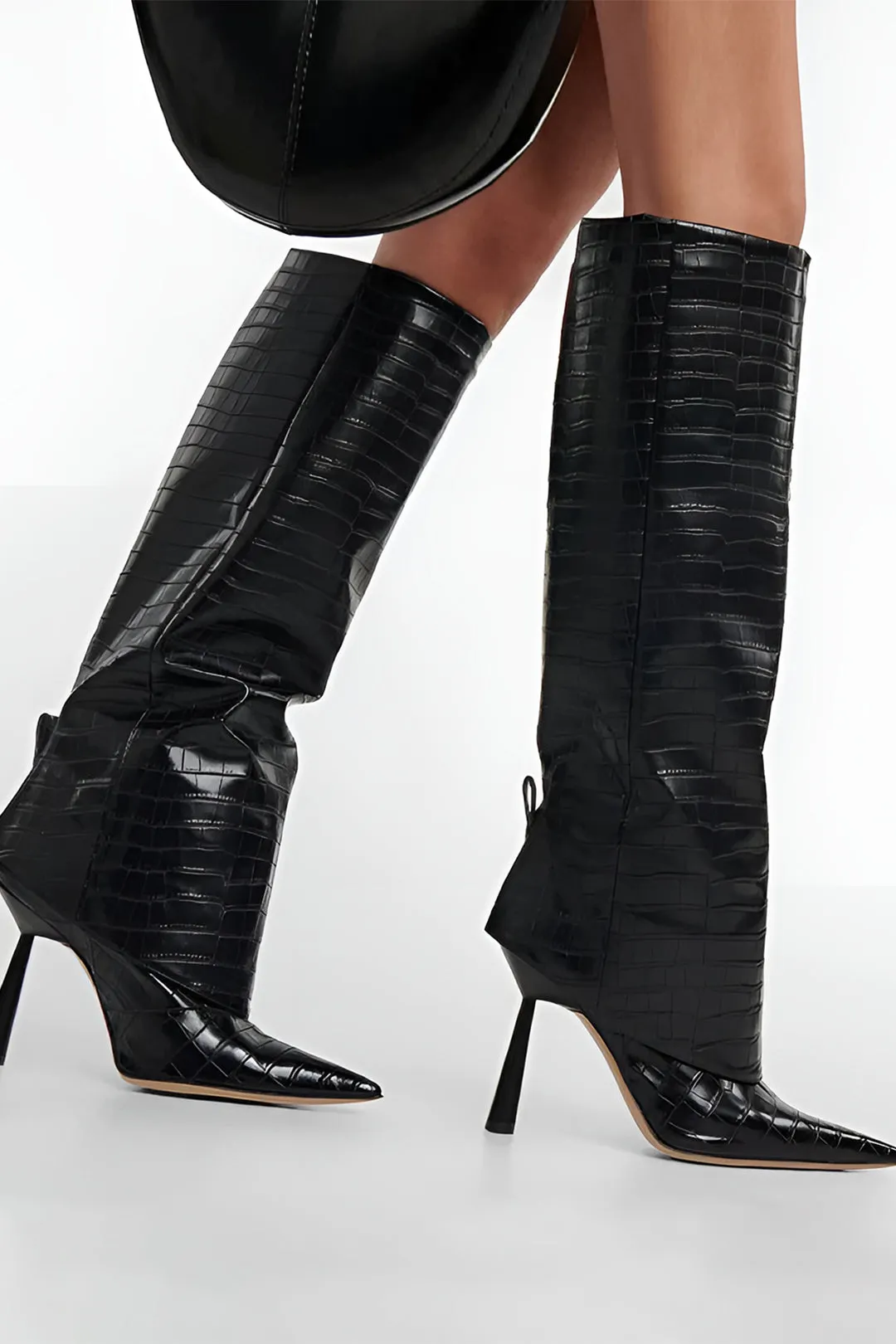 Crocodile Faux Leather Stiletto Pointed Toe Knee High Boots