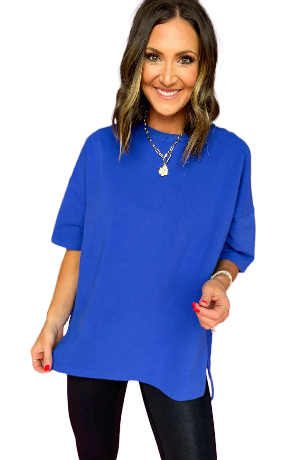 Dark Blue Solid Color Side Slit Tunic Top: Effortless Style with a Touch of Sass