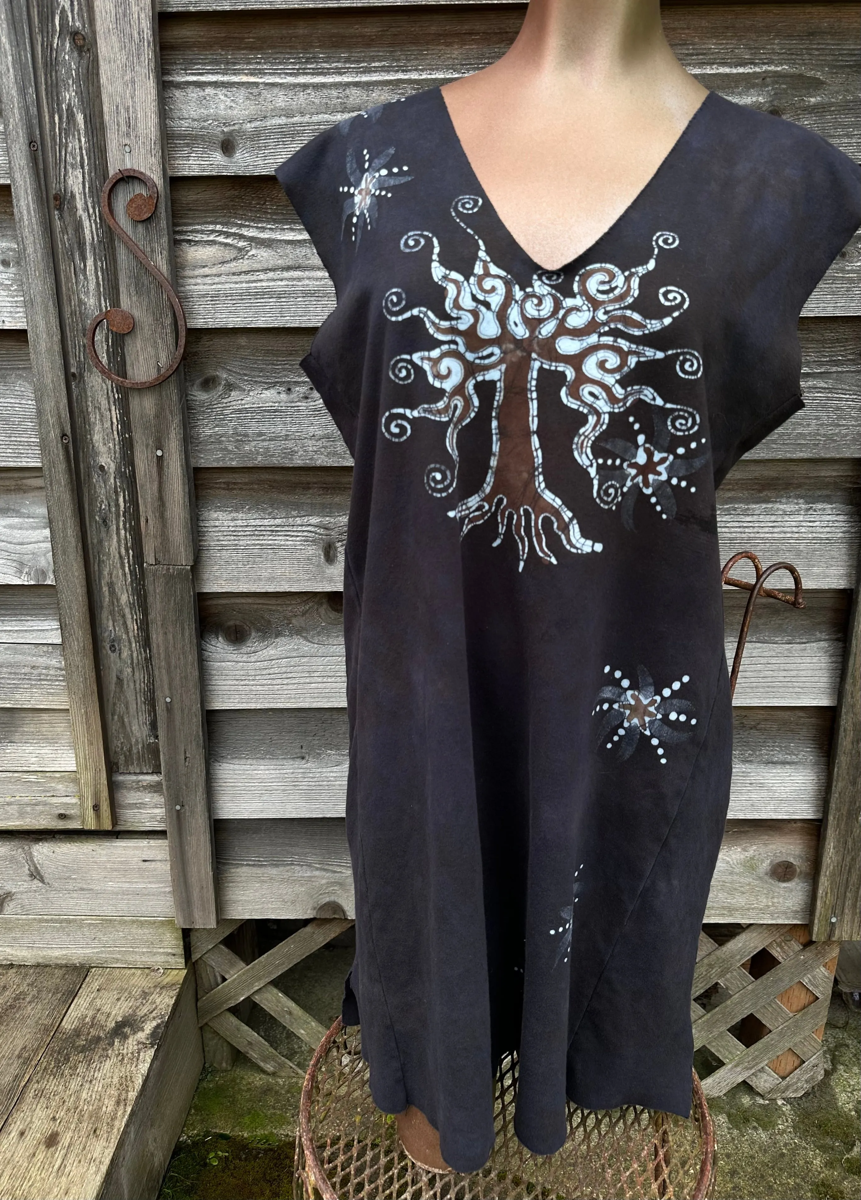Daytime Dark Woods Organic Cotton Batik Dress Tunic Top - size Large