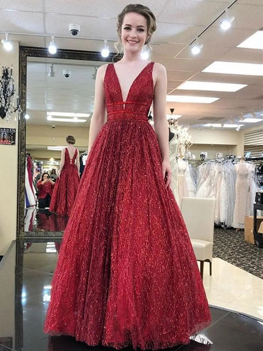 Deep V Neck And V Back Sparkly Champagne/Burgundy Long Prom with Sequins, Champagne/Burgundy Formal, Graduation