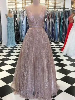 Deep V Neck And V Back Sparkly Champagne/Burgundy Long Prom with Sequins, Champagne/Burgundy Formal, Graduation