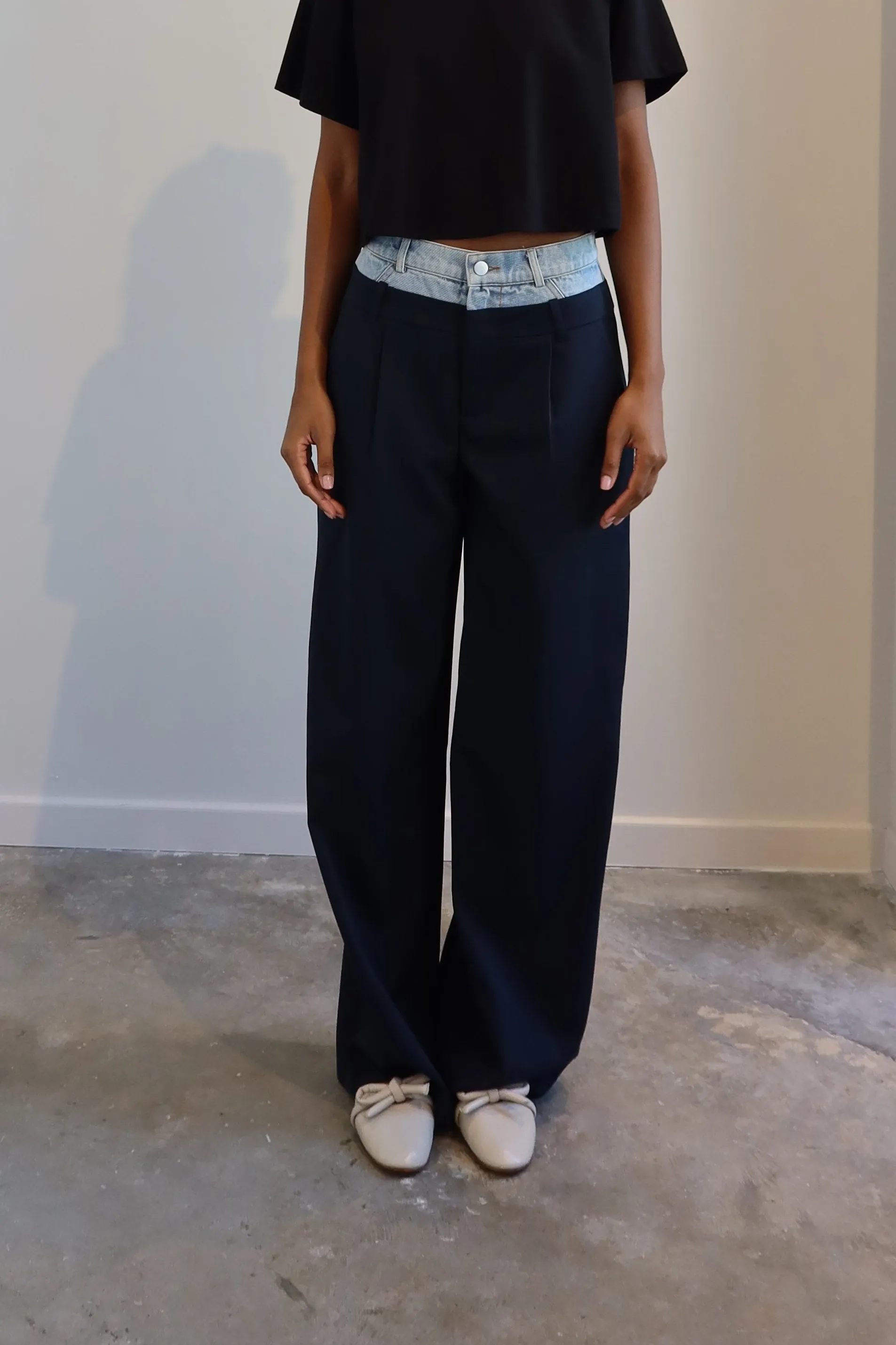 Denim Waist Navy Trouser Layered Pants