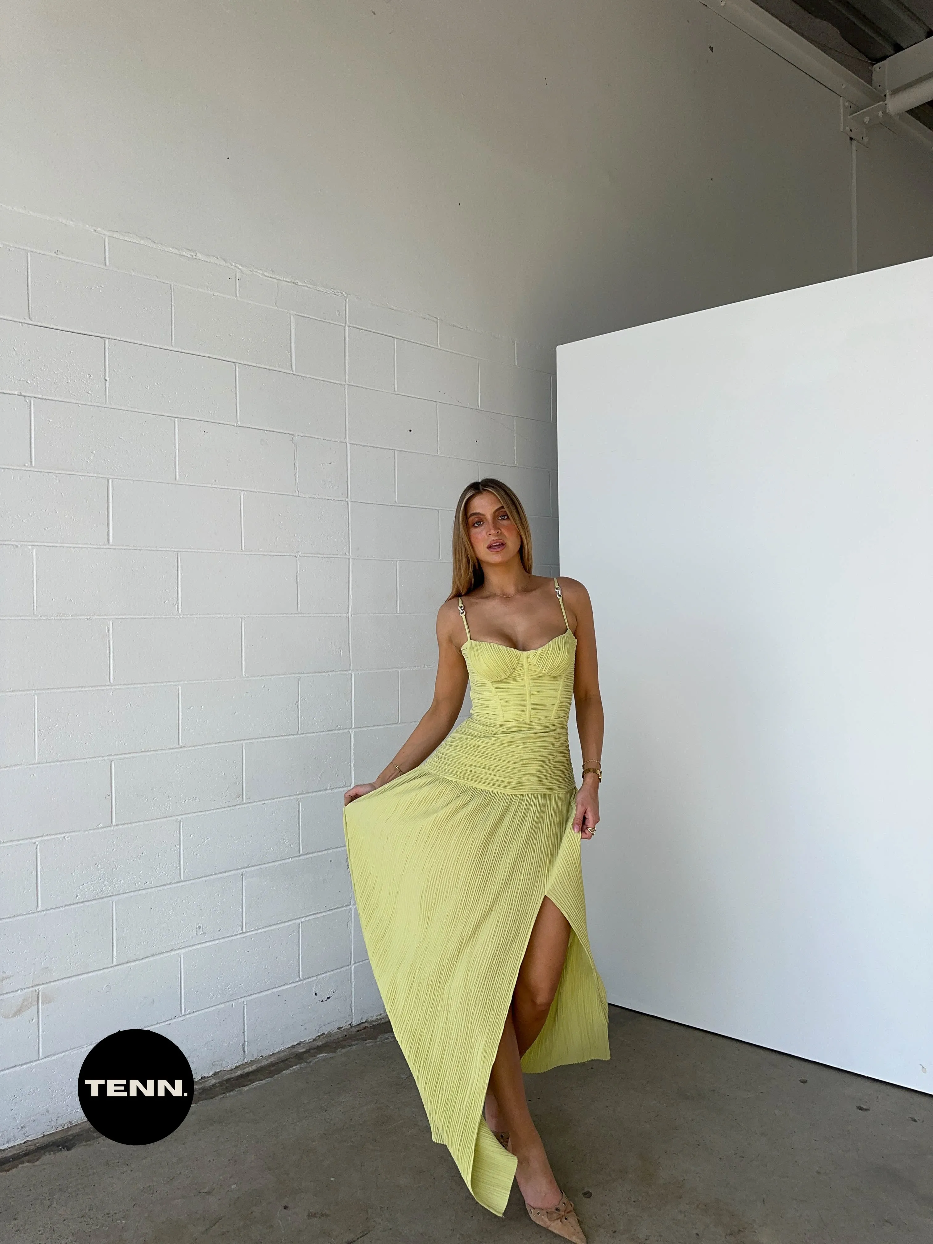 Double Time Pleat Dress - Pistachio