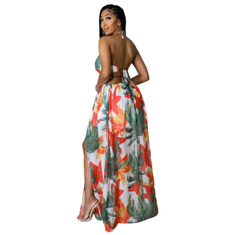 Elegant Women Floral Halter V Neck Backless Cut Out Waist Chain Sleeveless High Side Split Fit Flare Maxi Long Dresses