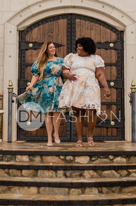 Ellis Jacquard White/Gold Velvet Dress - DM Exclusive - Maternity Friendly