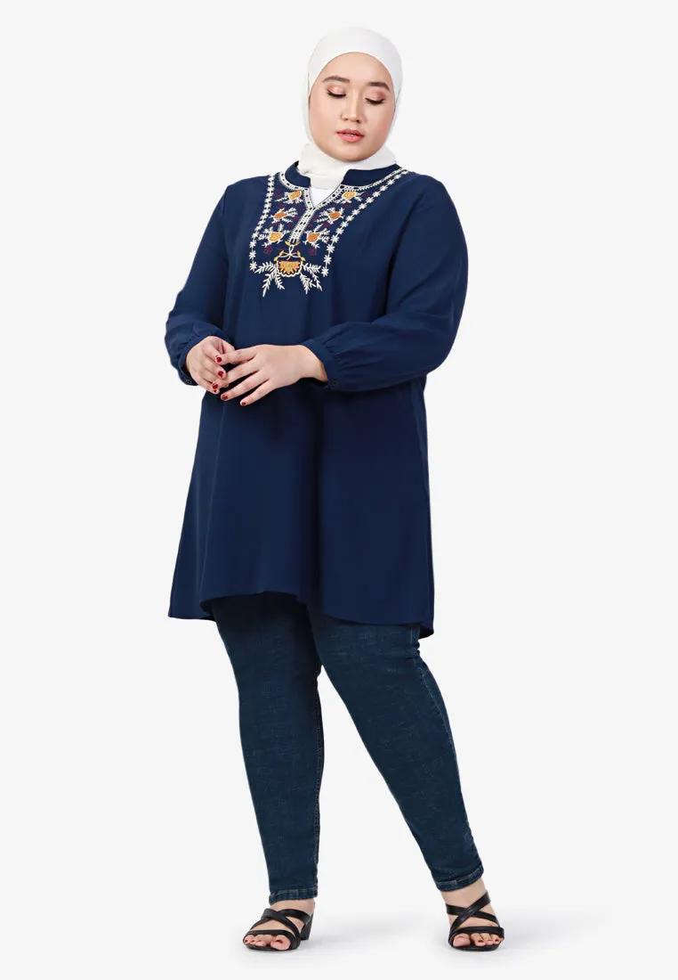 Emanie Embroidery Long Tunic Top - Blue