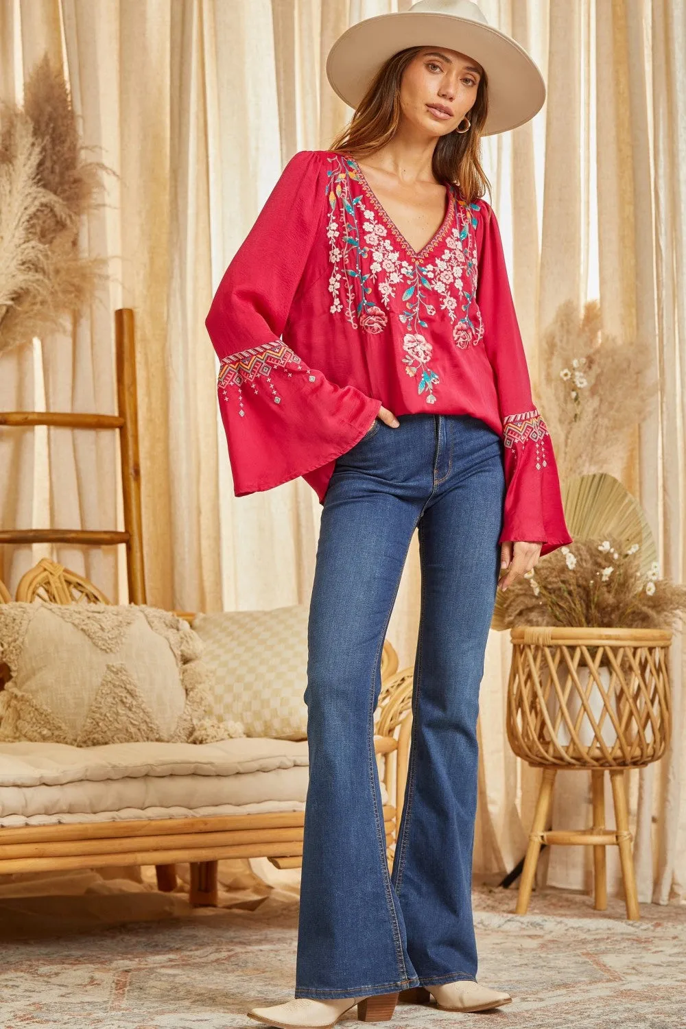 Embroidered Bell Sleeve Blouse, Hot Pink