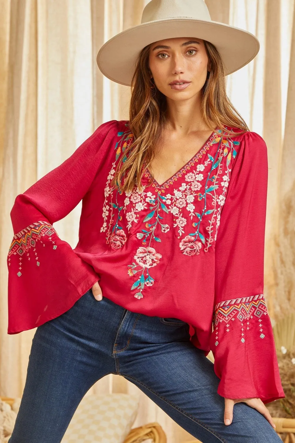 Embroidered Bell Sleeve Blouse, Hot Pink