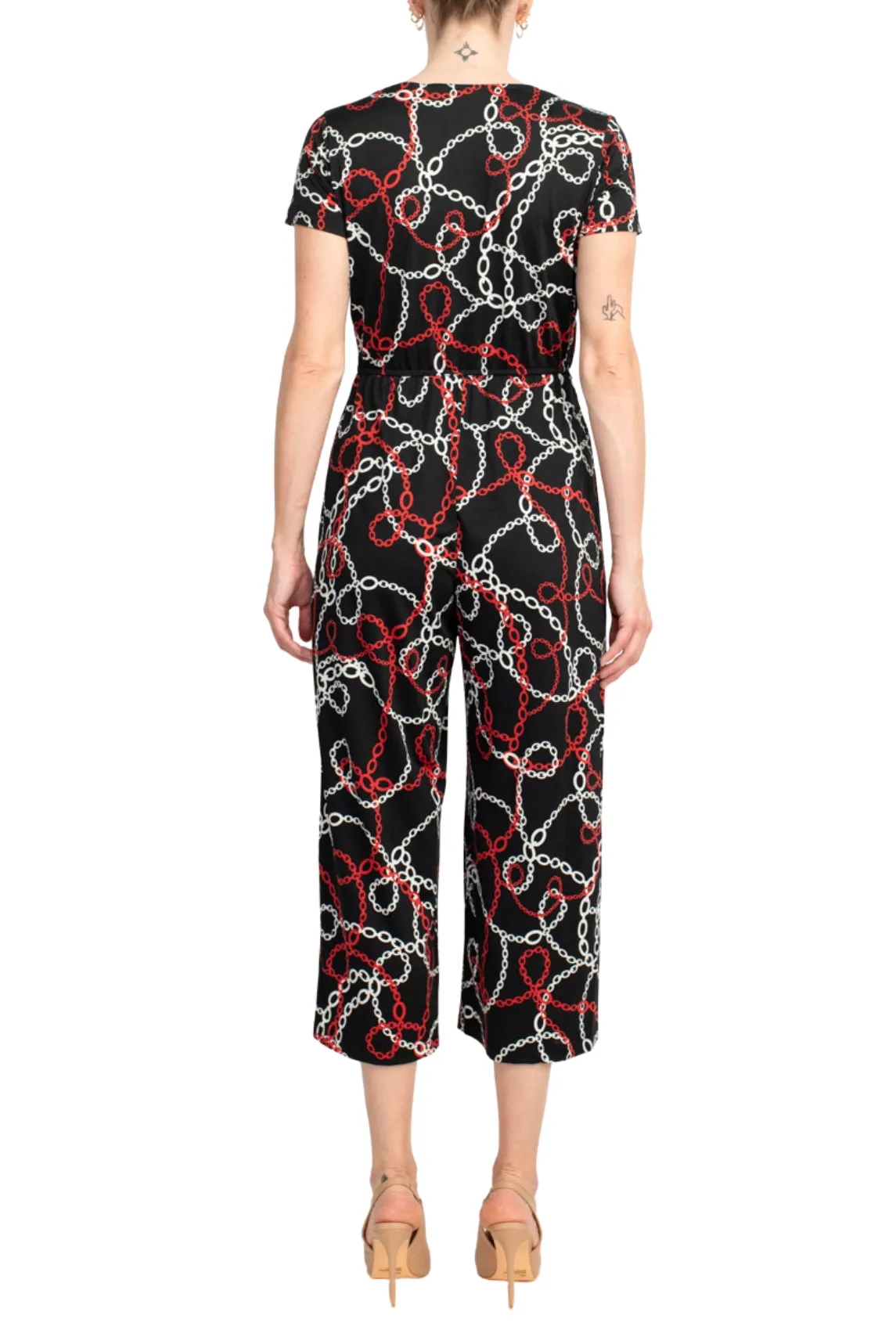 Emma & Michele V-Neck Short Sleeve Tie Waist Elastic Waist Multi Print ITY Jumpsuit