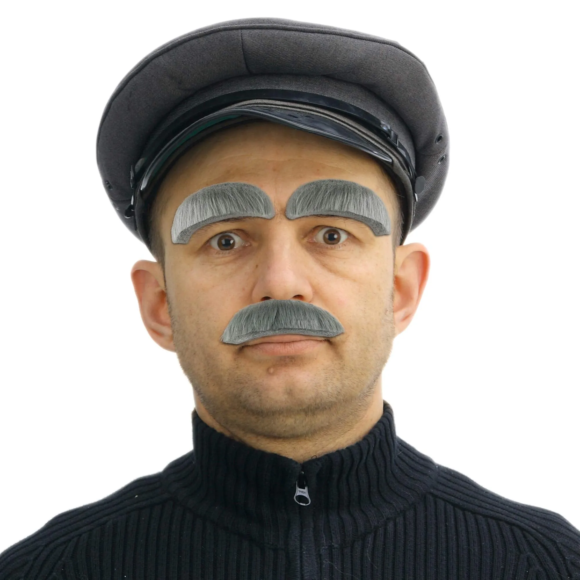 Eyebrow and Mustache Set - Old Man Bushy Stick On Fake Grey Eyebrows and Moustache Kit for Men, Women and Children