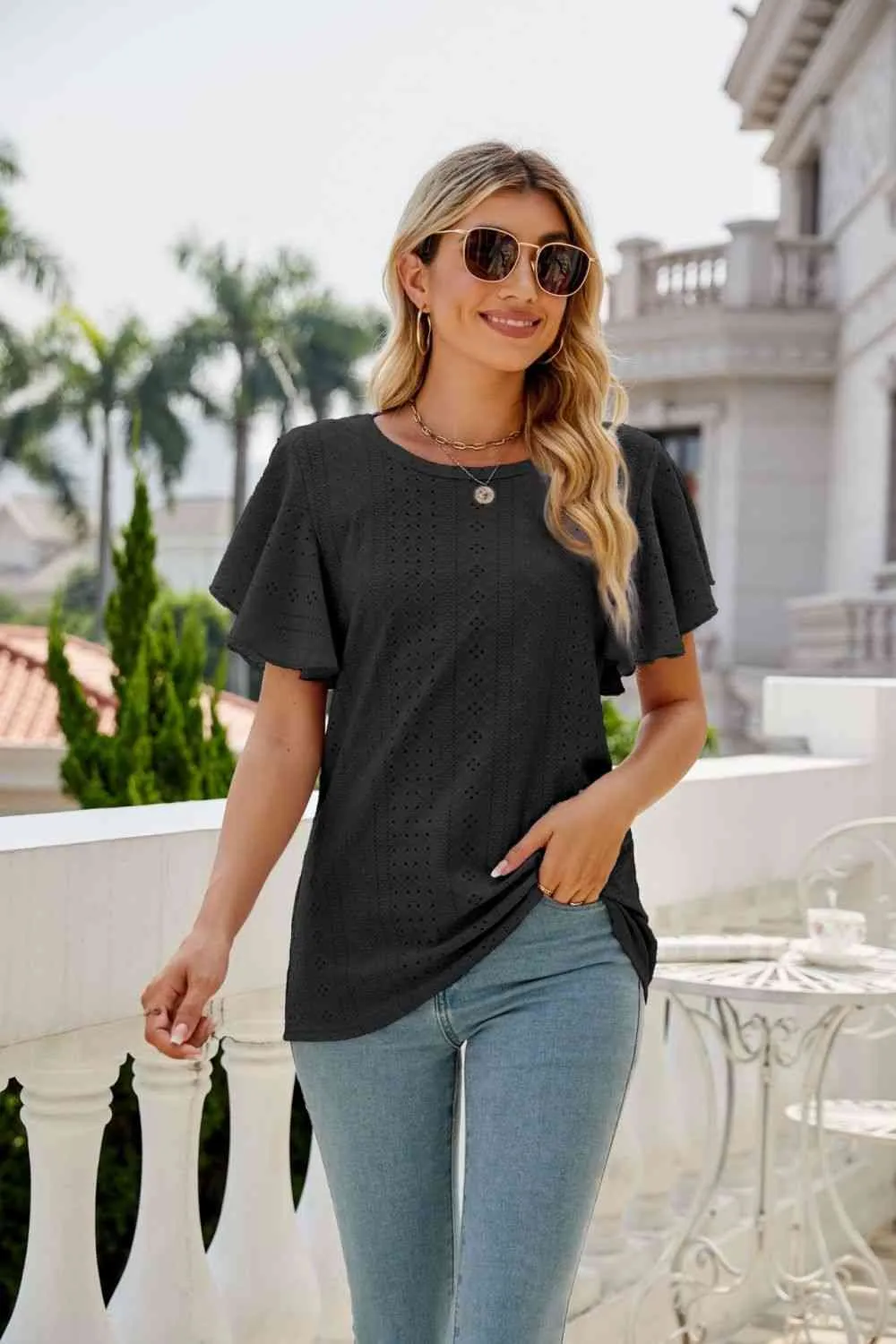 Eyelet Flutter Sleeve Round Neck Top