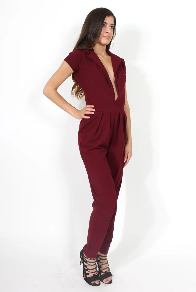 Farrah Wine Deep V Jumpsuit