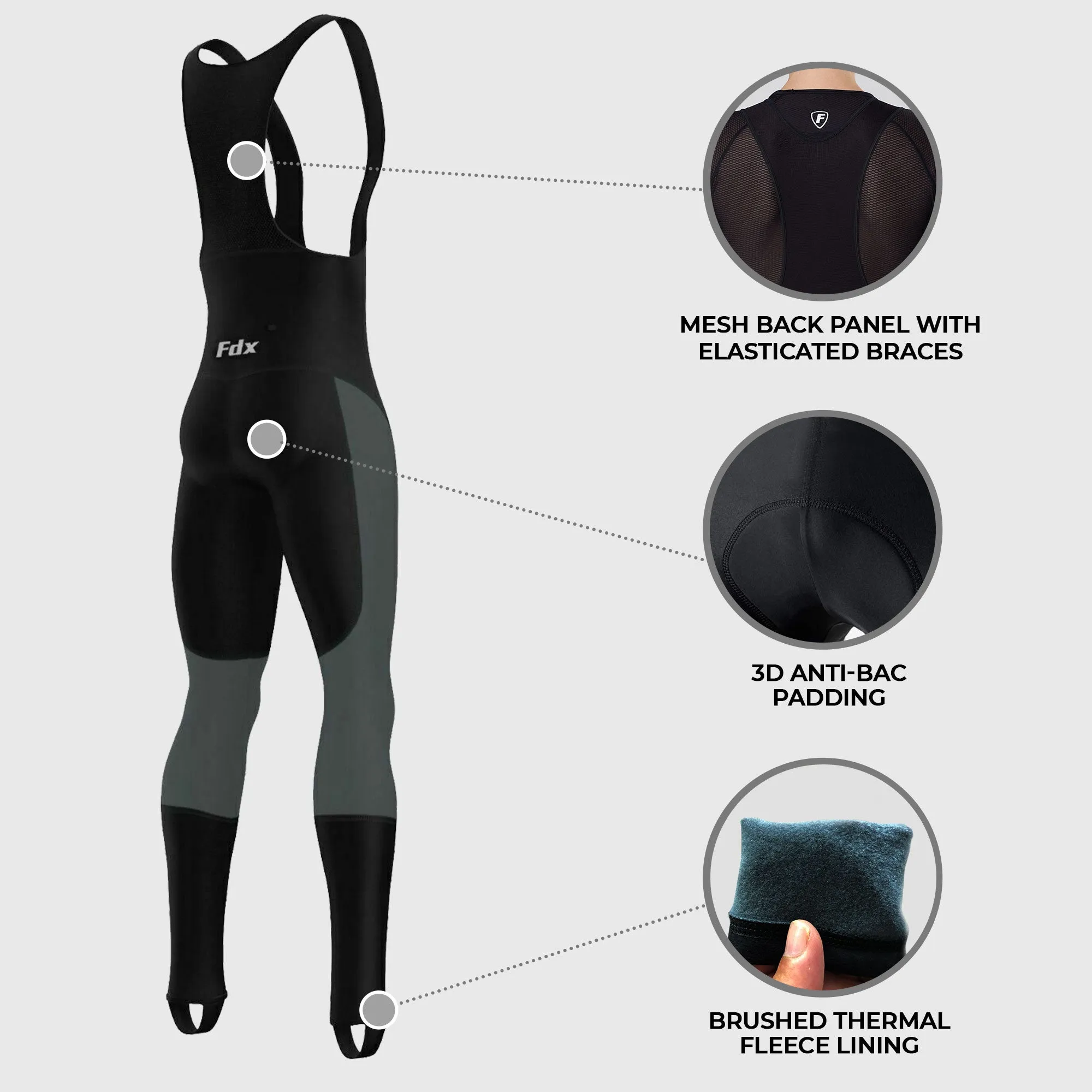 Fdx Cyclox Men's & Boy's Grey Thermal Padded Cycling Bib Tights